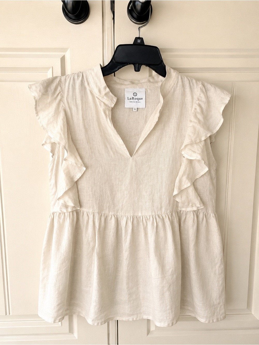 LaRoque 100% Linen Ruffle Peplum Blouse Neutral Size S